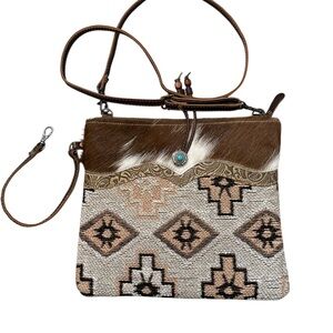 Myra Bag Boho Hair on Hide recycle Canvas  and Leather Crossbody Bag